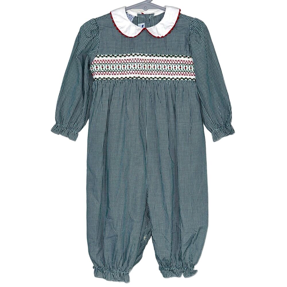 Silly Goose Baby Hand Smocked Green Gingham Christmas Romper Size 18M